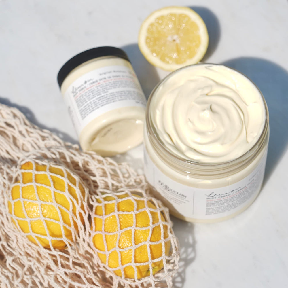 Bathroom routine setup featuring C.O. Bigelow Lemon Body Cream