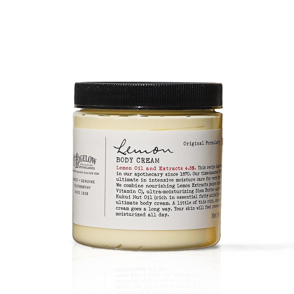 C.O. Bigelow Lemon Body Cream jar highlighting rich moisture for dry skin