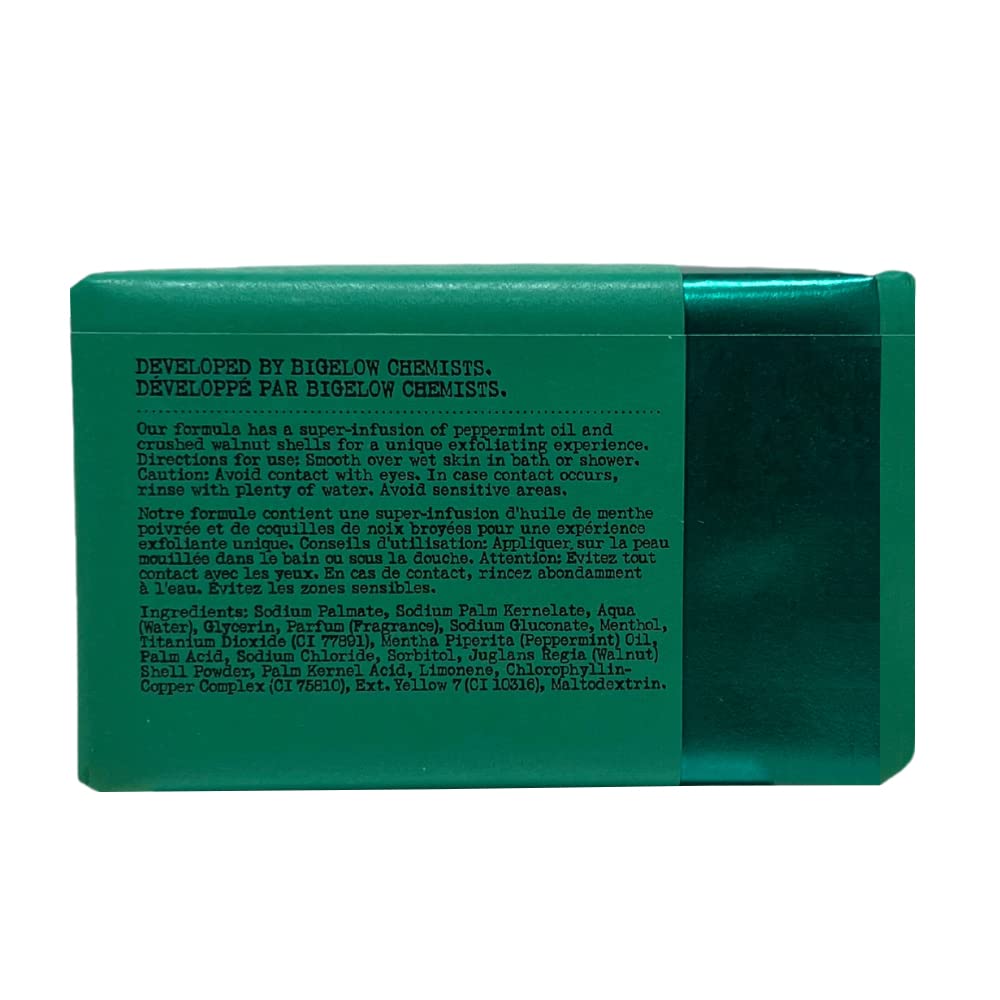 C.O. Bigelow Mentha Exfoliating Bar No.1413 in shower delivers minty energizing sensation.
