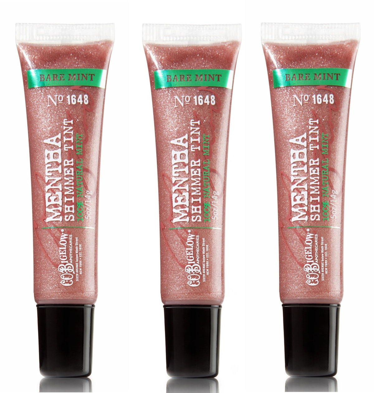 C.O. Bigelow Mentha Shimmer Tint Bare Mint close-up showing minty shimmer lip tint with subtle moisturization