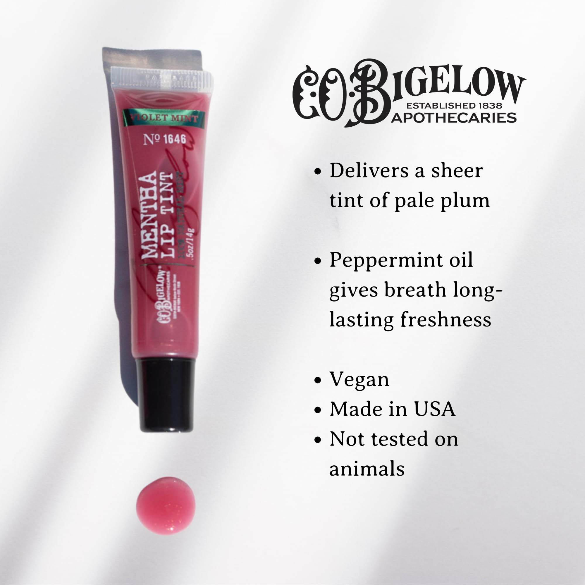 C.O. Bigelow Plum Mentha Lip Tint Trio on lips with cooling mint feel.