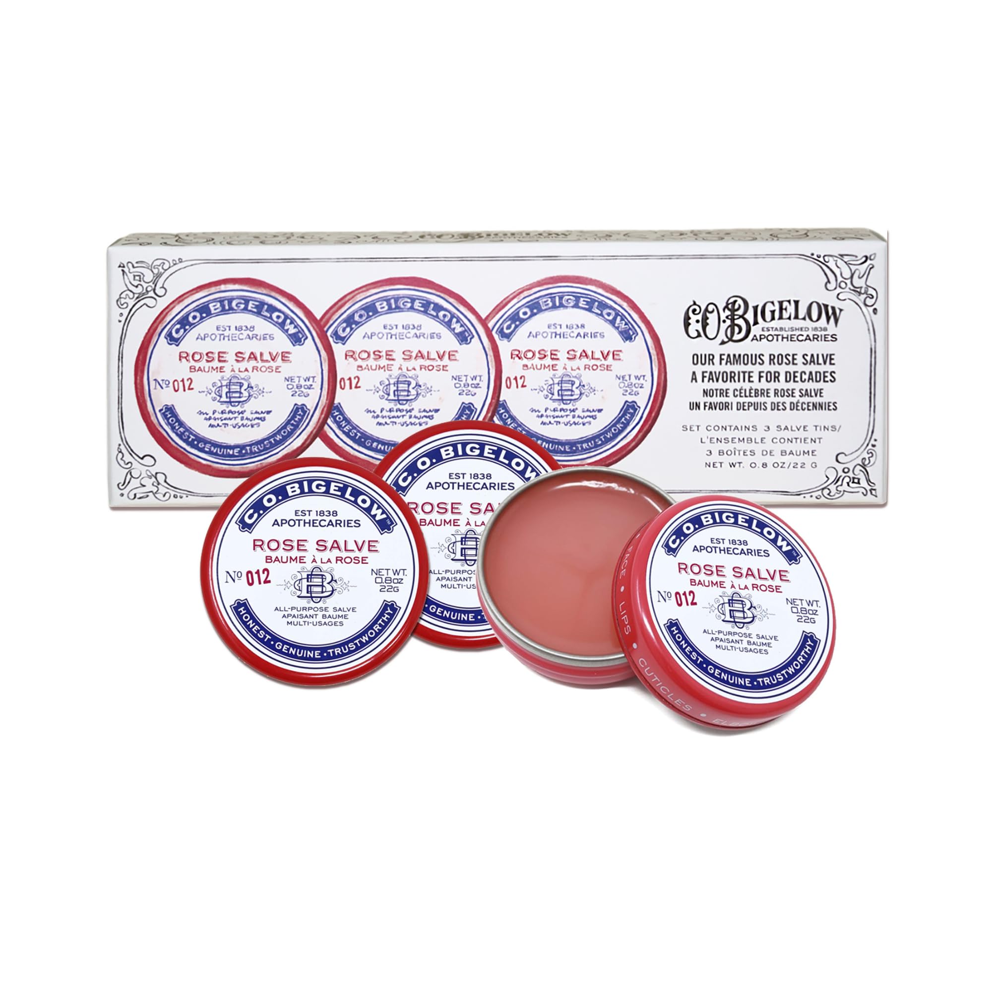 C.O. Bigelow Rose Salve Tin carried in bag for on the go lip care.