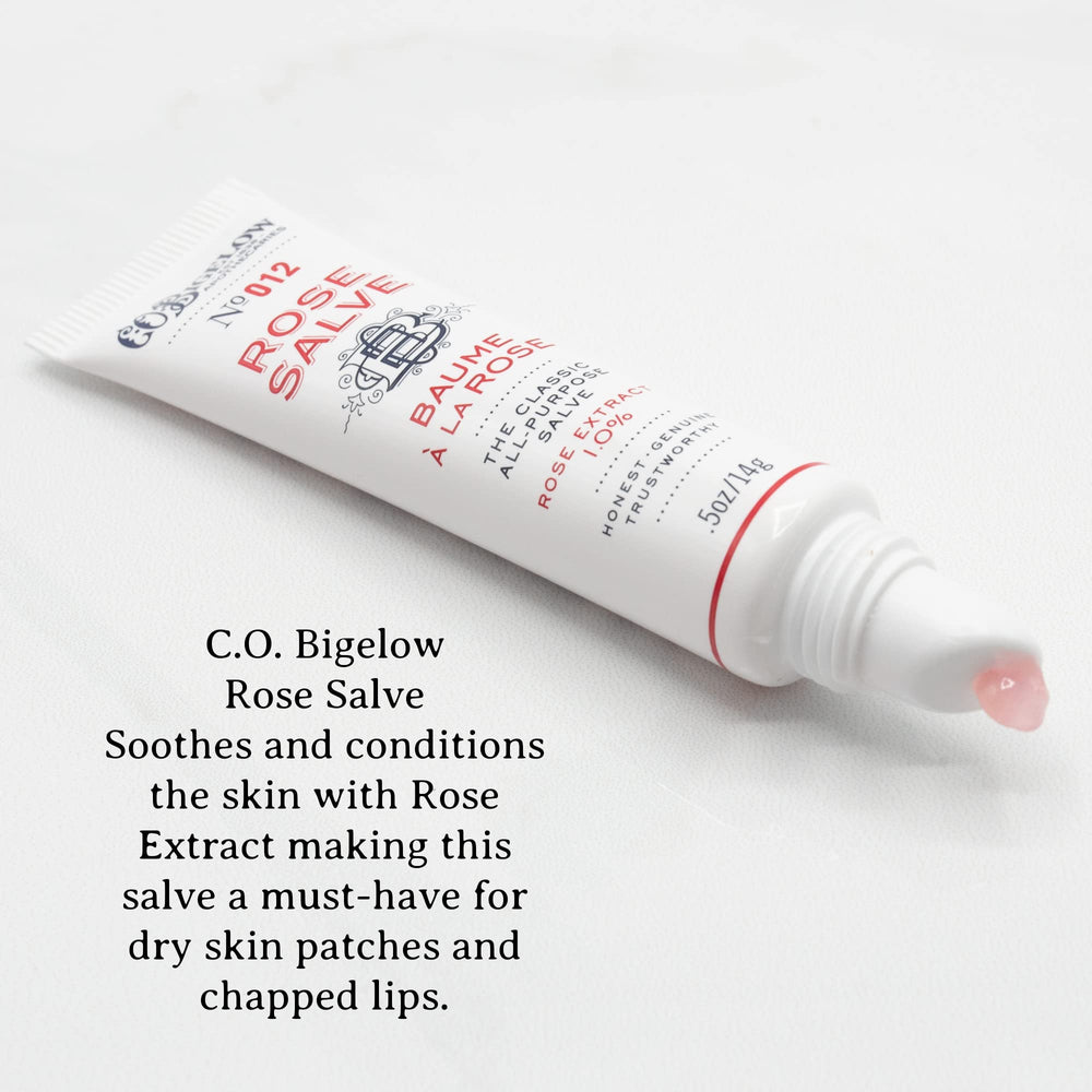 C.O. Bigelow Rose Salve Tube on desk for quick touch-ups