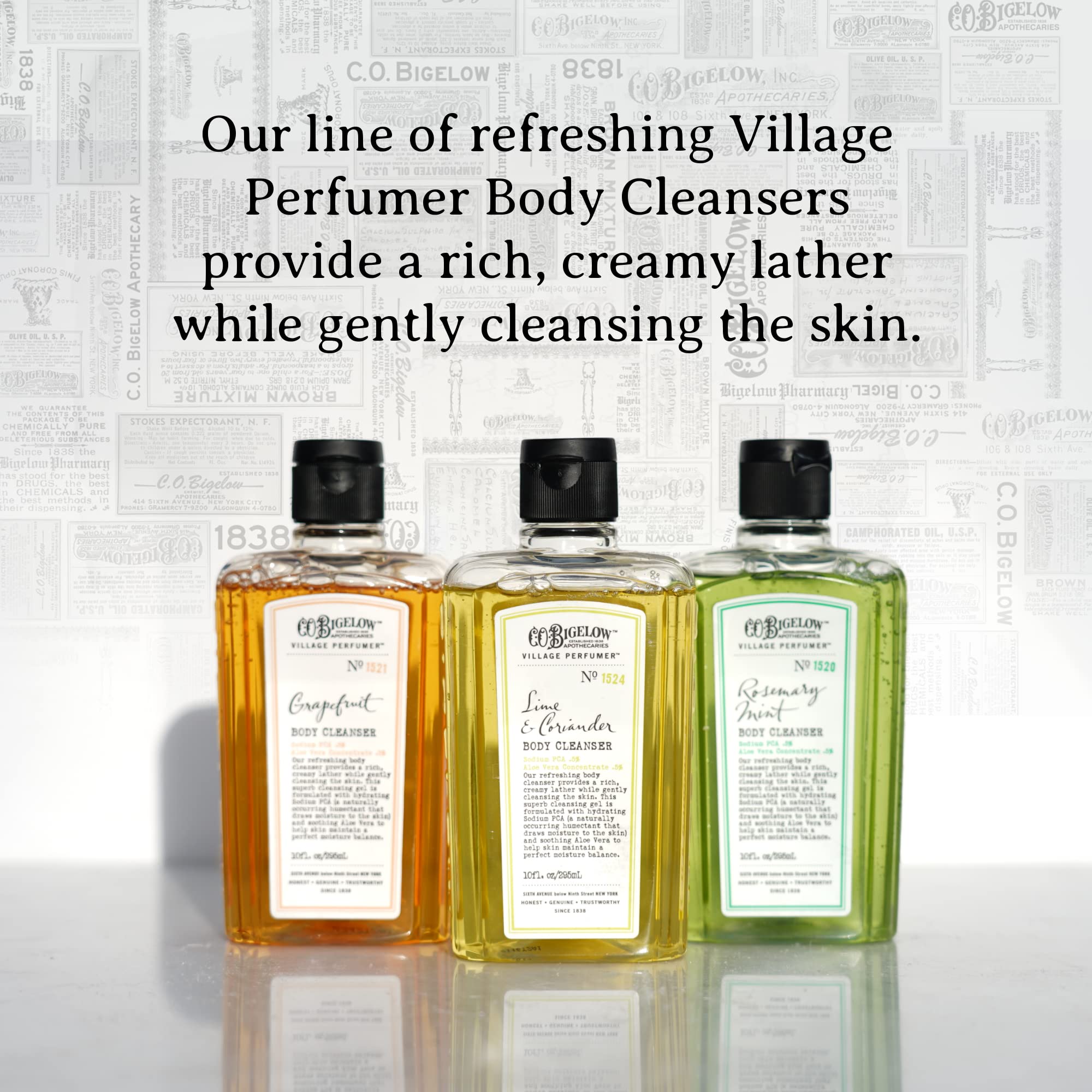 C.O. Bigelow Rosemary Mint Body Wash packaging indicating cruelty-free and USA-made