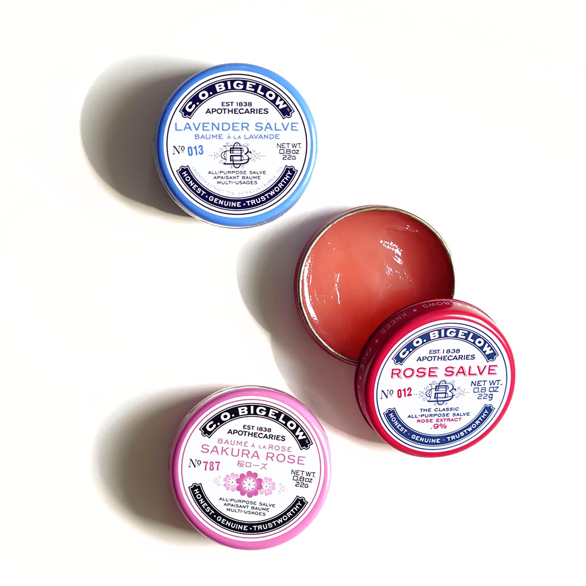 C.O. Bigelow Sakura Rose salve tin close-up highlighting floral scent.