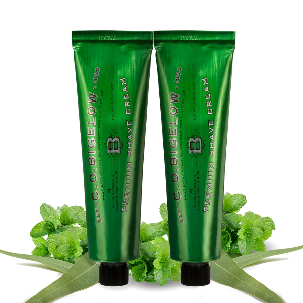 C.O. Bigelow shaving cream luxurious lather demonstrates rich foam for glide.