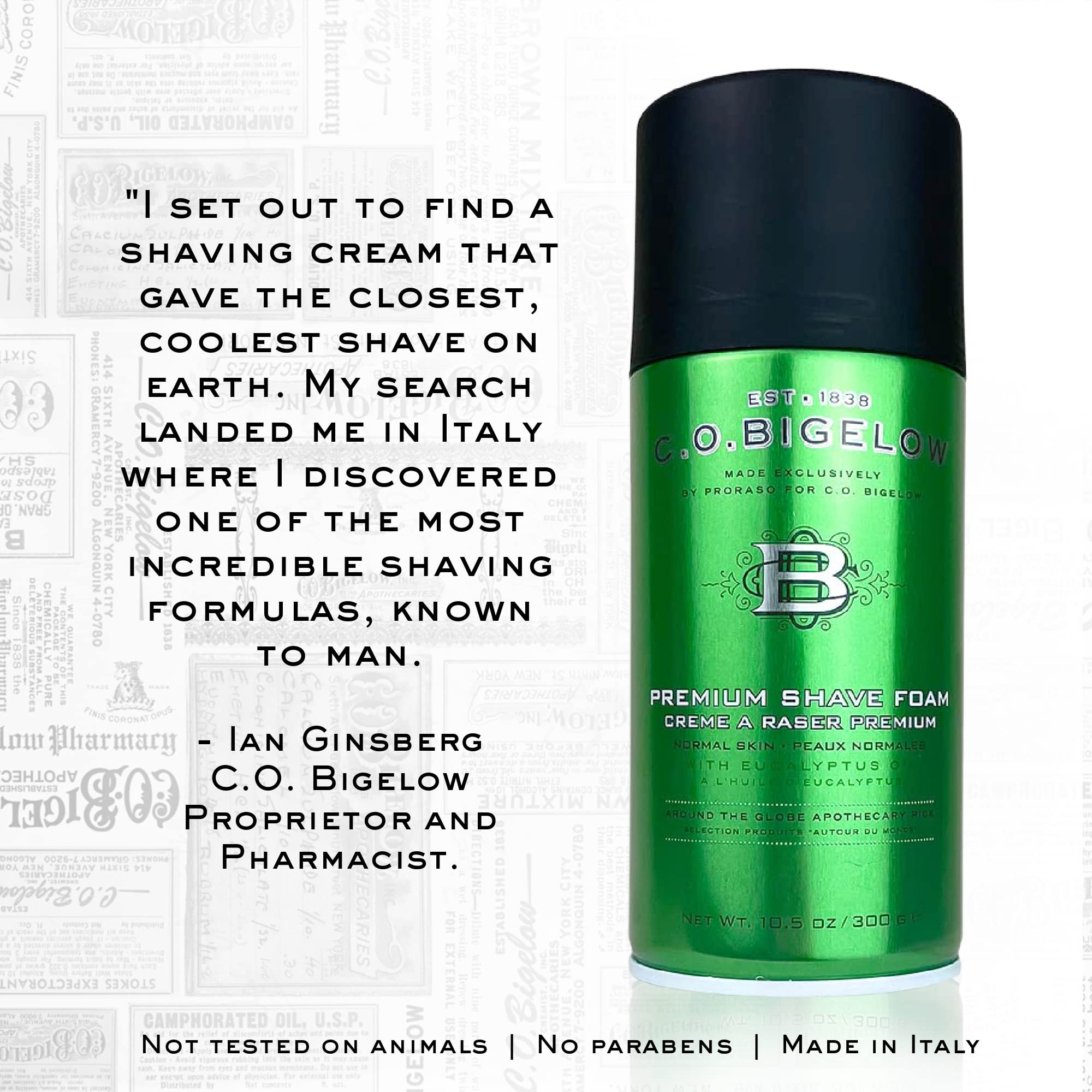 C.O. Bigelow shaving foam versatile-use supports both facial and body shaving.