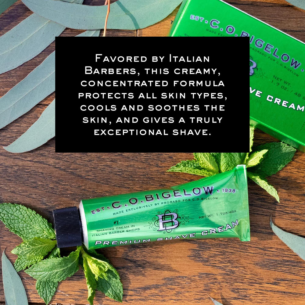 C.O. Bigelow travel shaving cream with eucalyptus oil supports comfortable shaving.