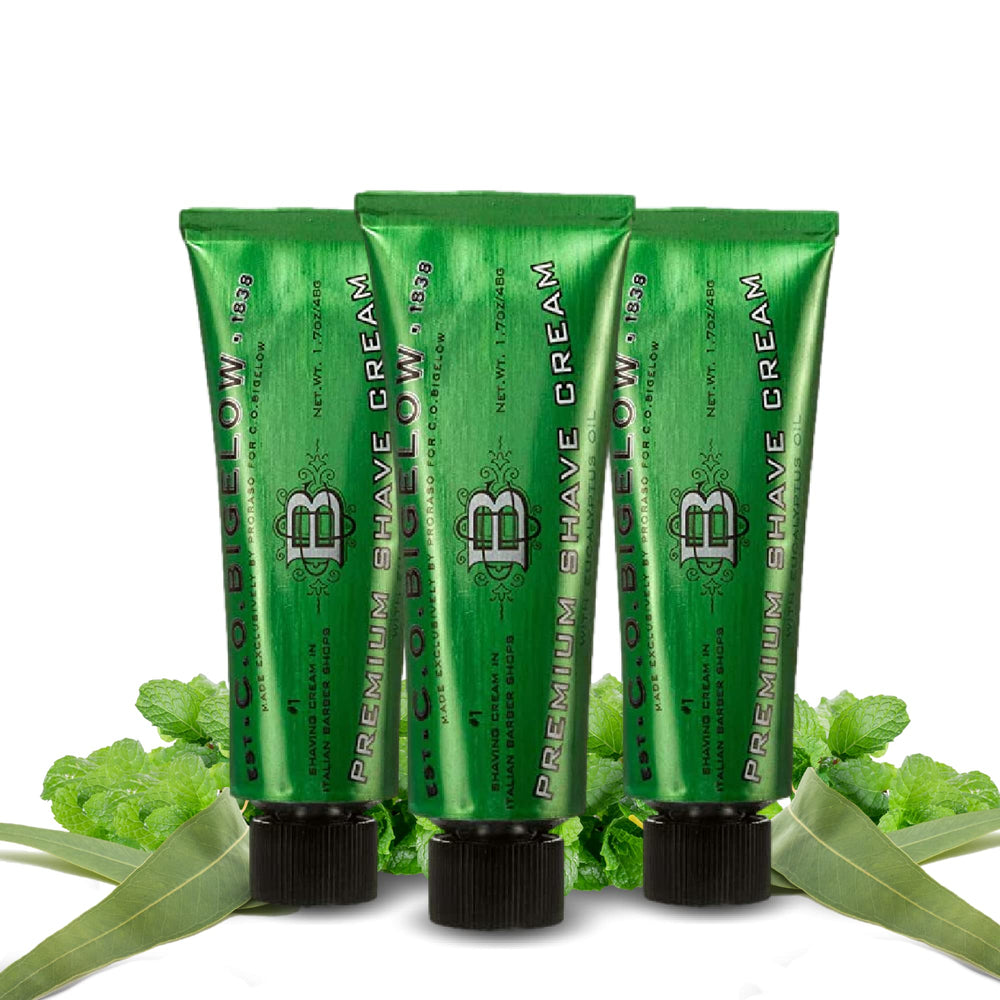 C.O. Bigelow travel shaving cream pack with three tubes for on the go grooming.