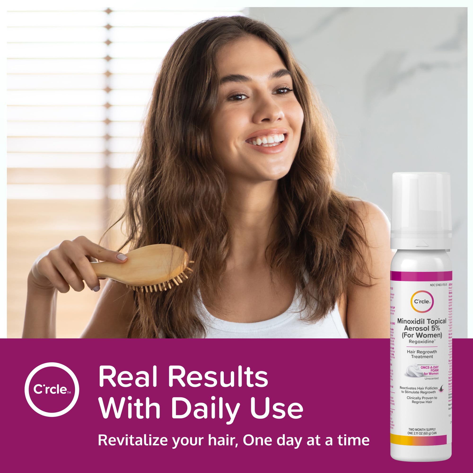 C'rcle Minoxidil 5% foam application tip shows simple daily routine integration.