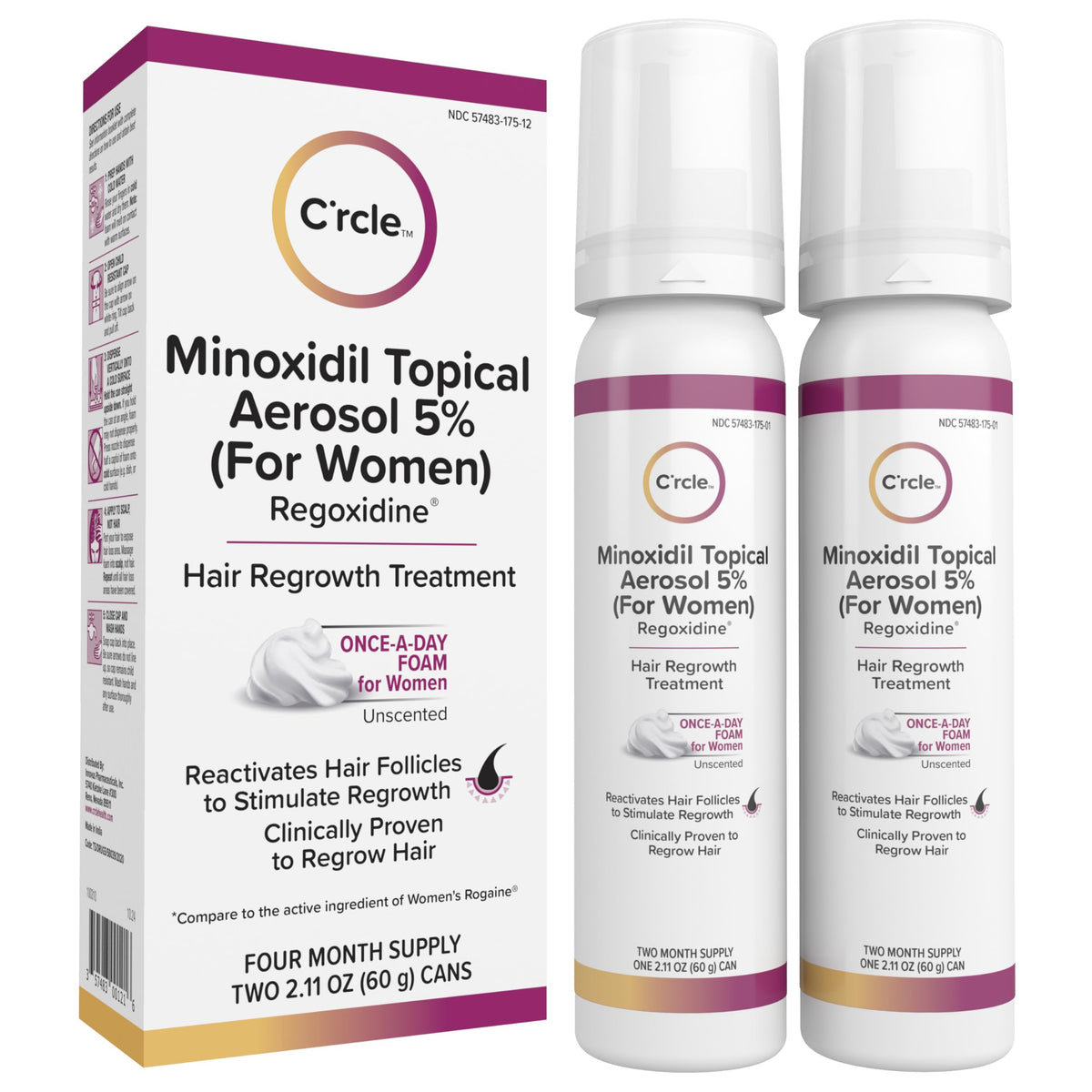 C'rcle Minoxidil 5% foam bottle top view, four-month supply.