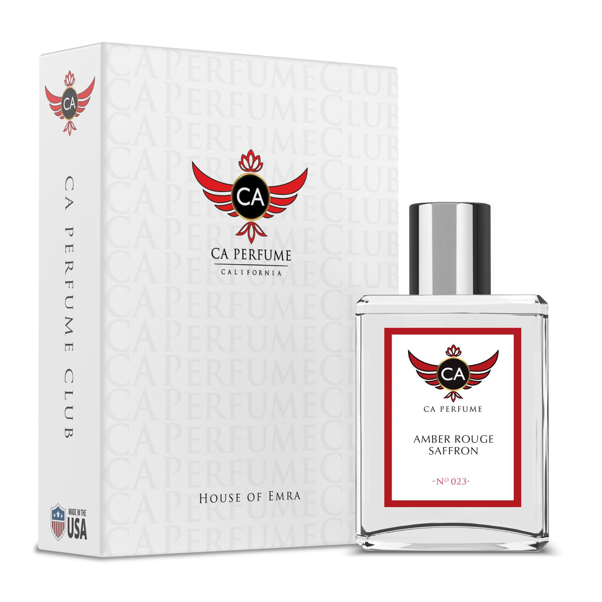 CA Perfume Impression Amber Rouge Saffron bottle demonstrates unisex long-lasting fragrance.