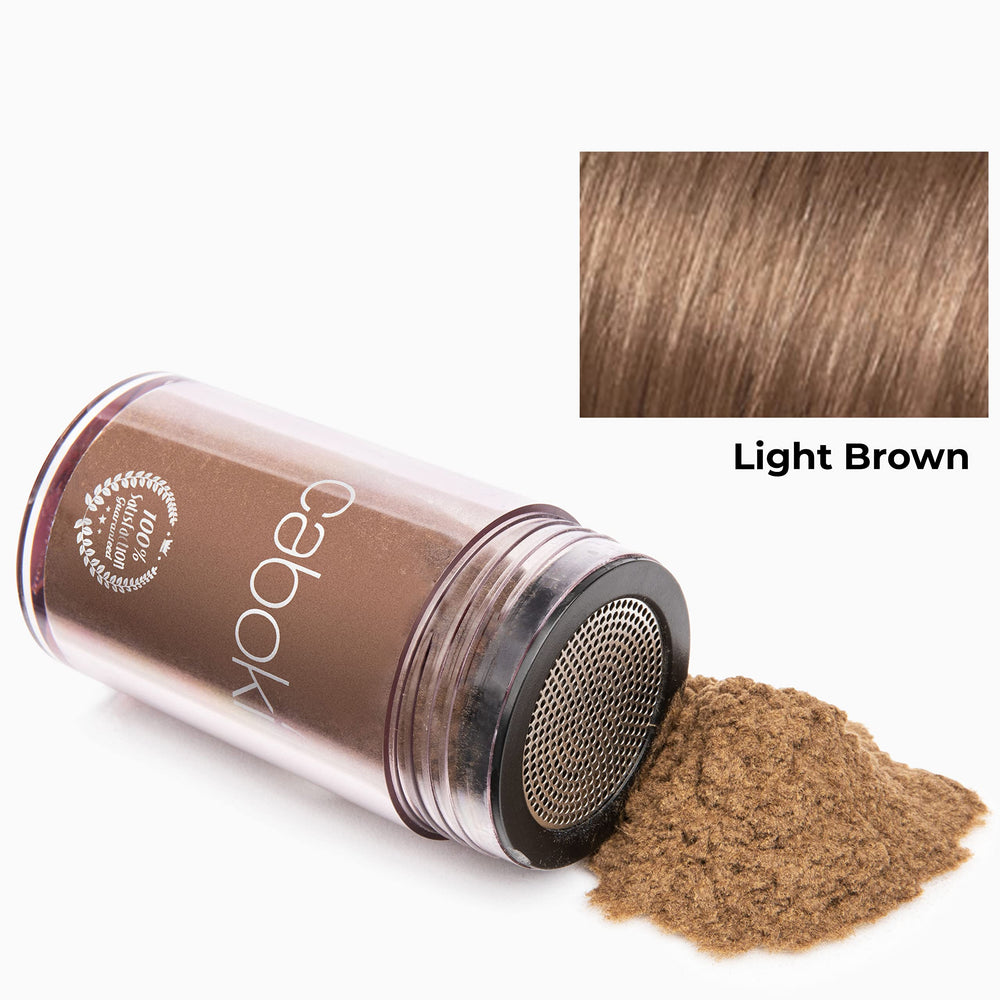 Caboki hair fibers application close-up demonstrates easy shake-and-pat technique for fuller-looking hair.