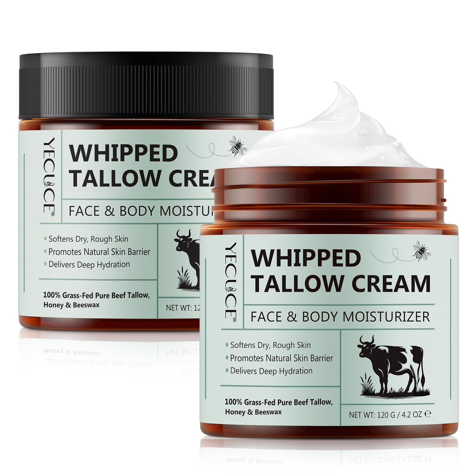 Cacukn Whipped Beef Tallow face-application: deeply hydrating for soft, smooth skin and calmer irritation.