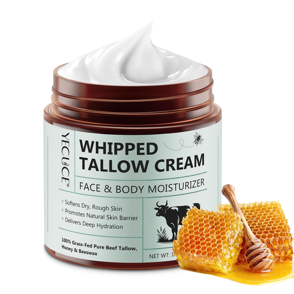 Cacukn whipped beef tallow face cream packaging highlights nourishing skincare benefits.