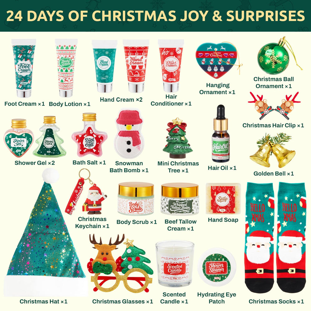 CADDISE Advent Calendar 24 gifts box spread displaying skincare and pampering items
