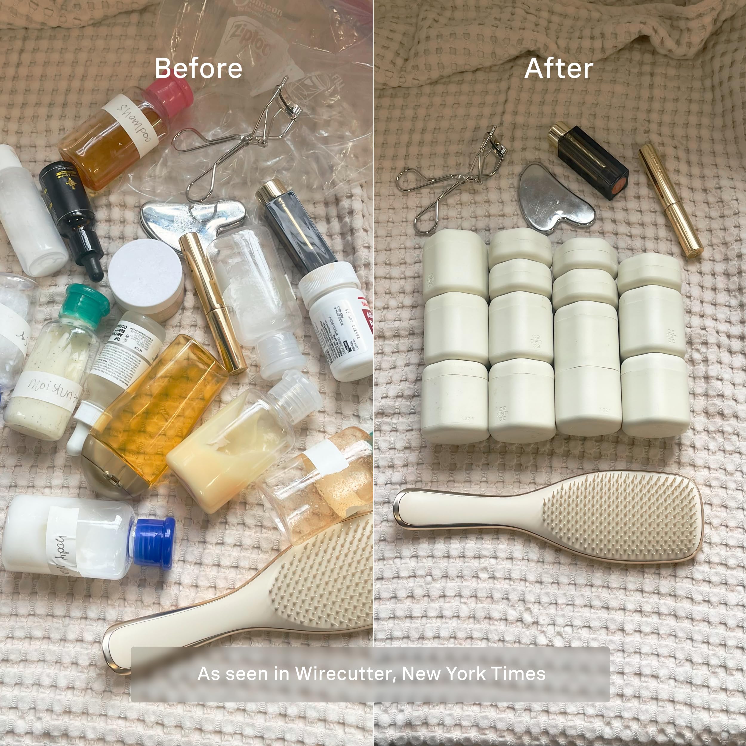 Cadence travel containers interchangeable tiles highlight modular organization for shampoo, conditioner, and pills