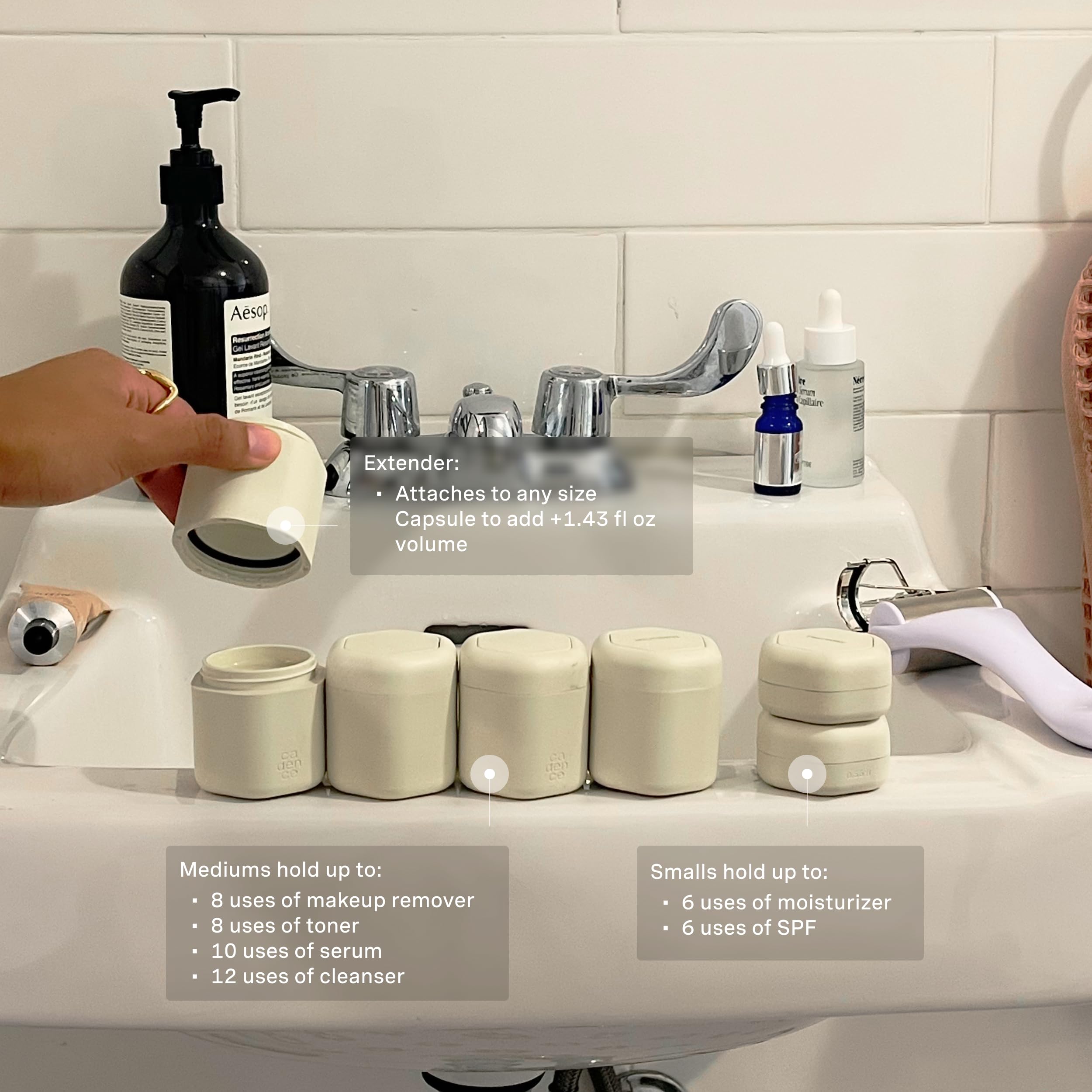 Cadence travel containers Sand labeled tiles for easy skincare step organization on the go.