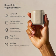 Cadence travel containers Sand magnetic design enabling vertical or horizontal storage.