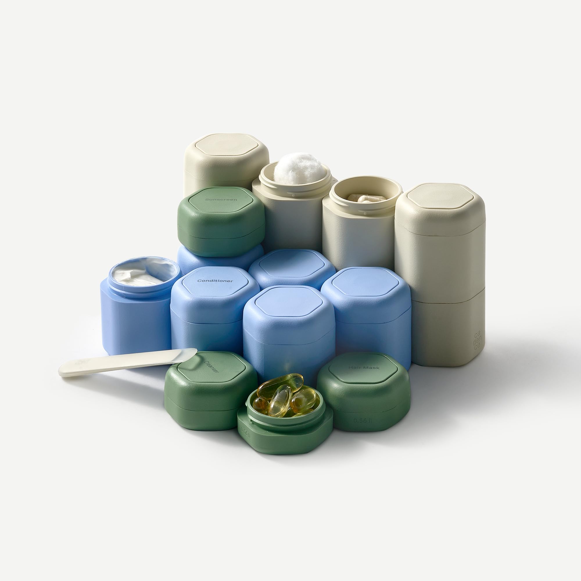 Cadence travel containers TSA-approved – leakproof seals protect contents in transit.