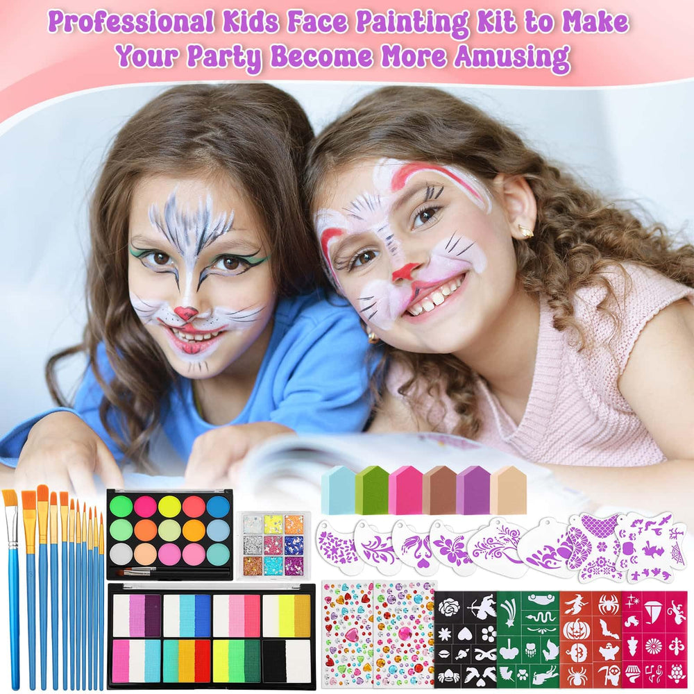 Caffox face paint kit with 15-color split cakes for vibrant rainbow designs.