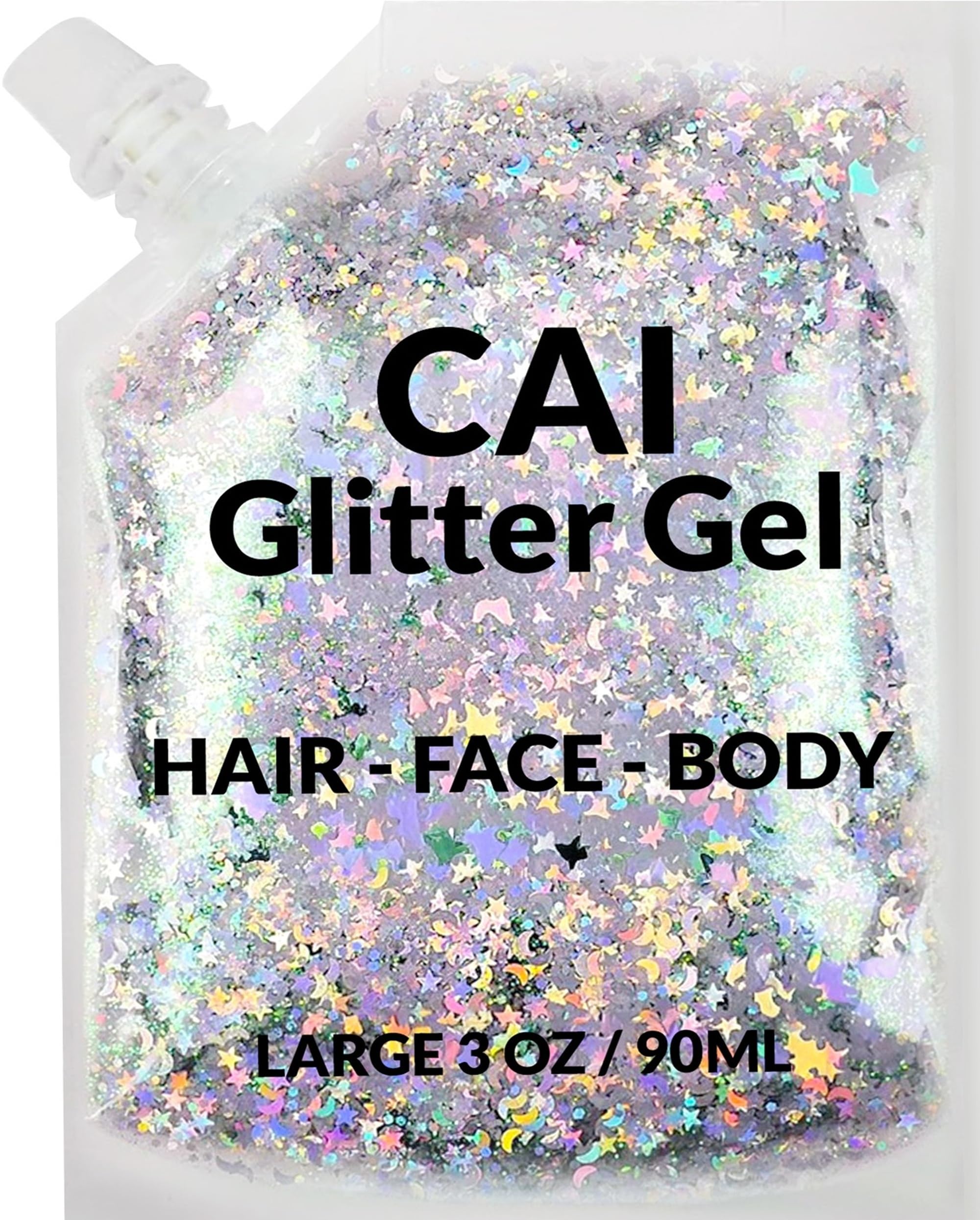 CAI BEAUTY NYC face glitter gel with moon and stars in silver for festival-ready shine