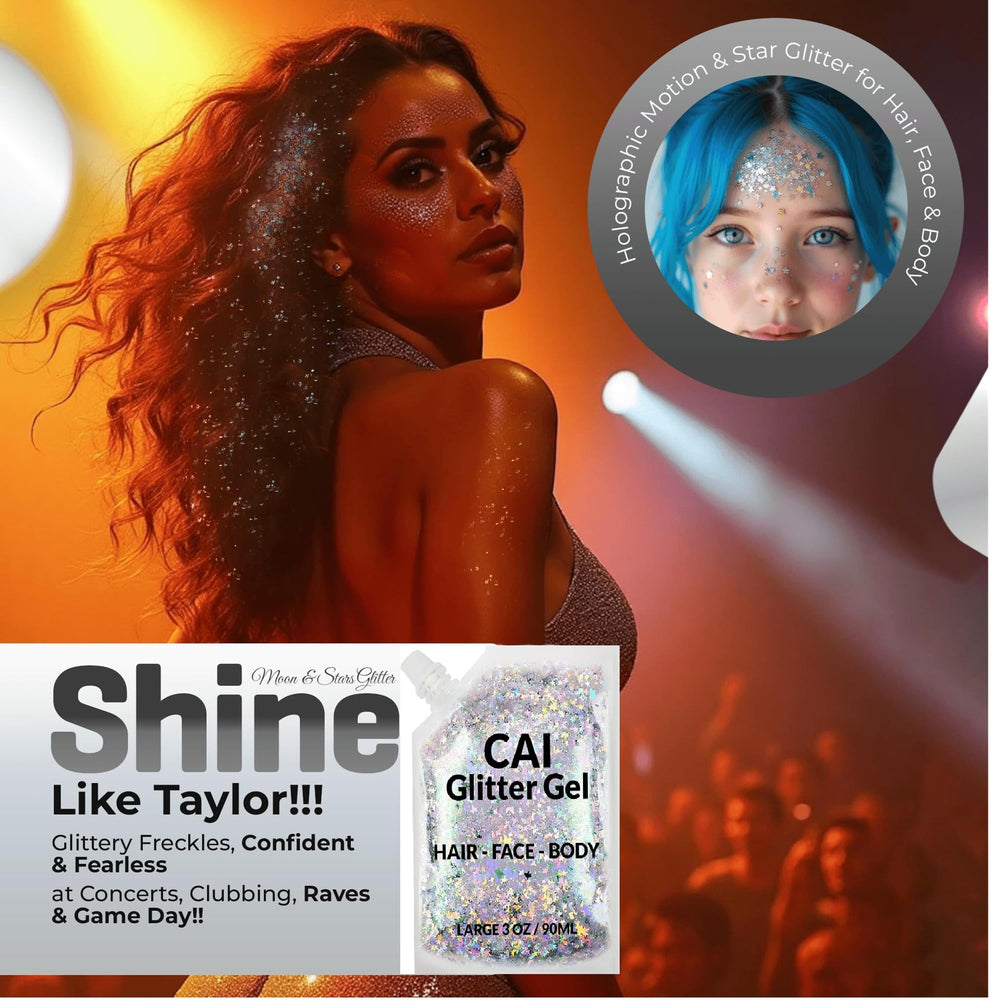 CAI BEAUTY NYC festival glitter gel silver moon stars adds iridescent drama to look