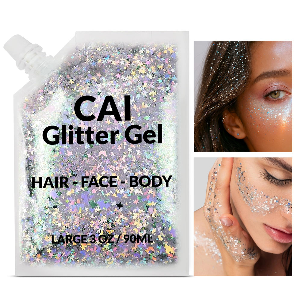 CAI BEAUTY NYC hair glitter gel moon stars silver for easy party sparkle that washes out