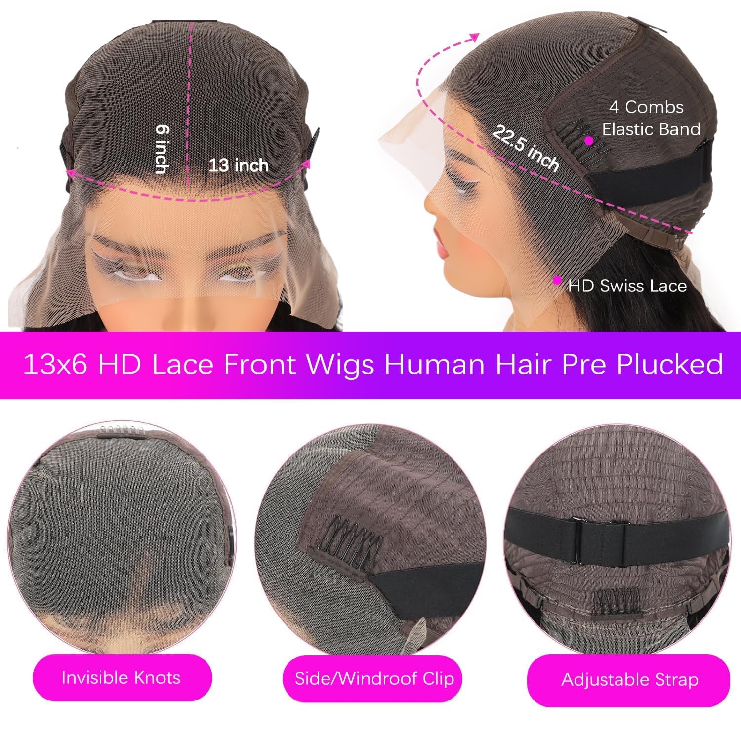 Caijuxing wig with adjustable straps and four combs for secure fit.