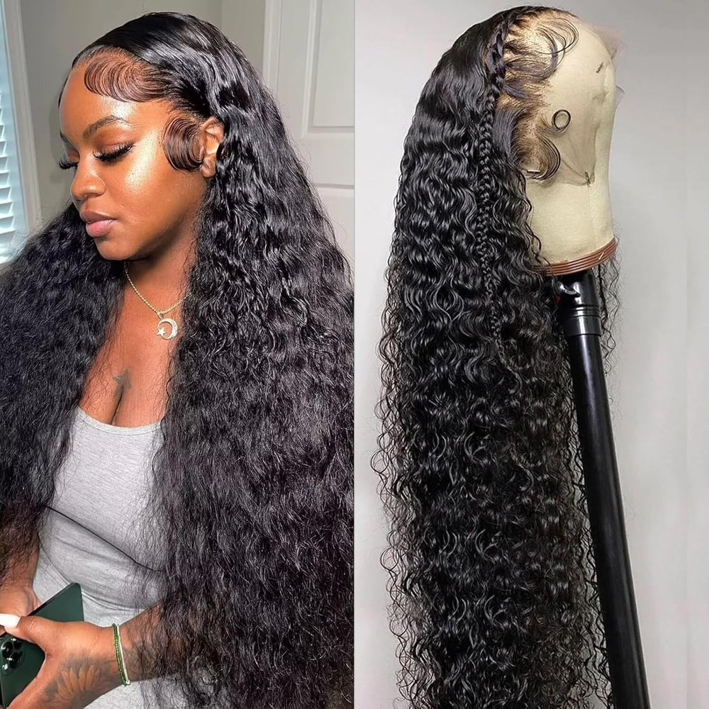 Caijuxing 34-inch water-wave lace front wig shows natural hairline for daily wear.