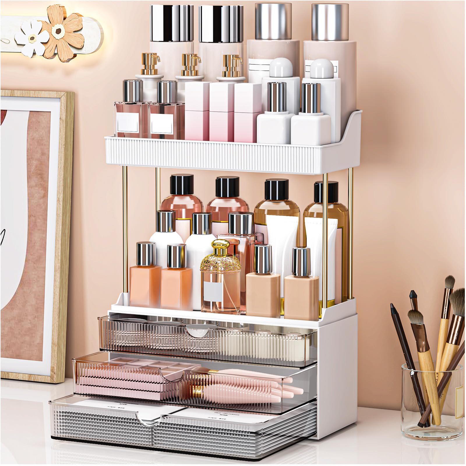 caktraie 3-drawer 2-tier makeup organizer front view with roomy cosmetics storage