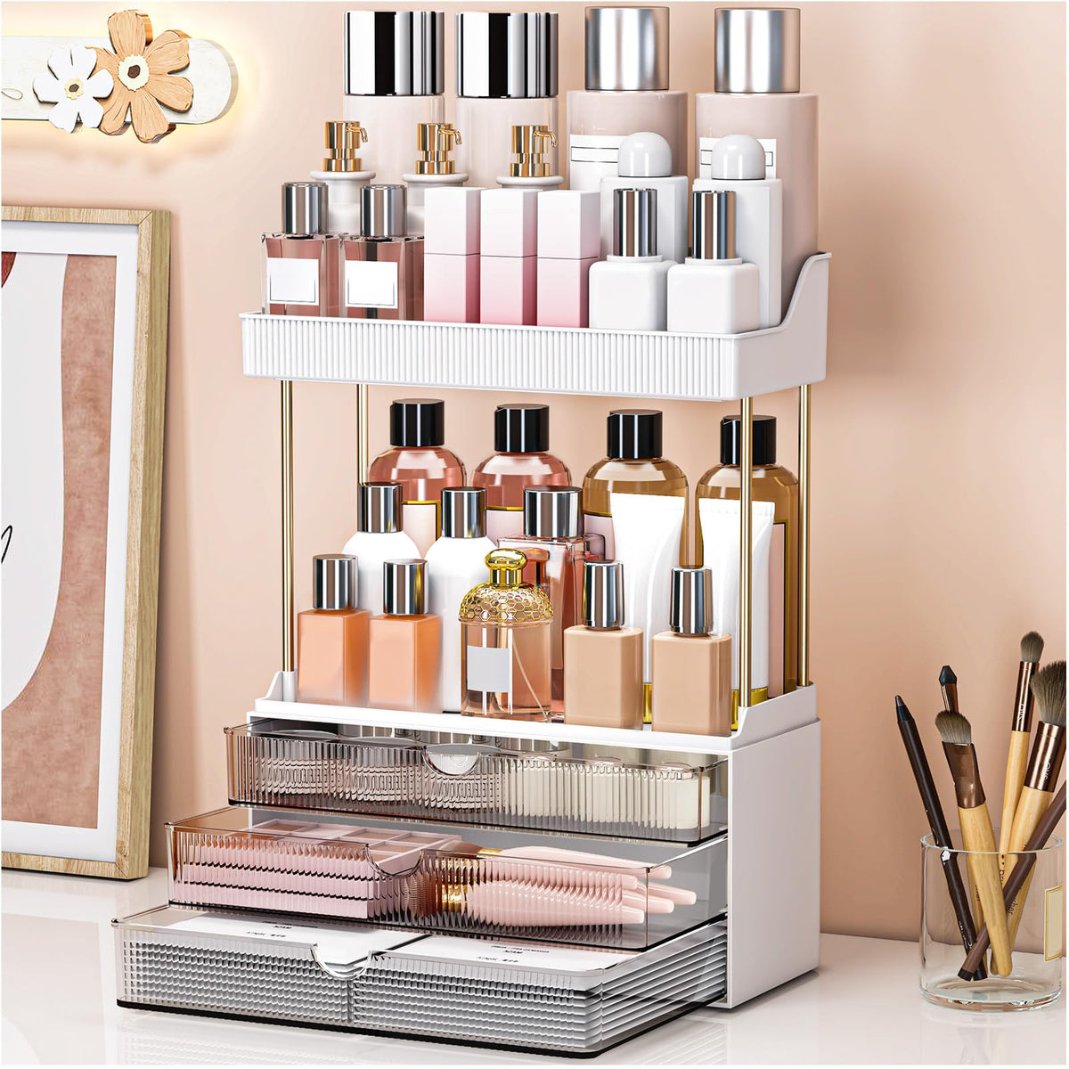 caktraie 3-drawer 2-tier makeup organizer front view with roomy cosmetics storage