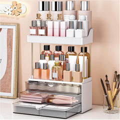 caktraie 3-drawer 2-tier makeup organizer front view with roomy cosmetics storage