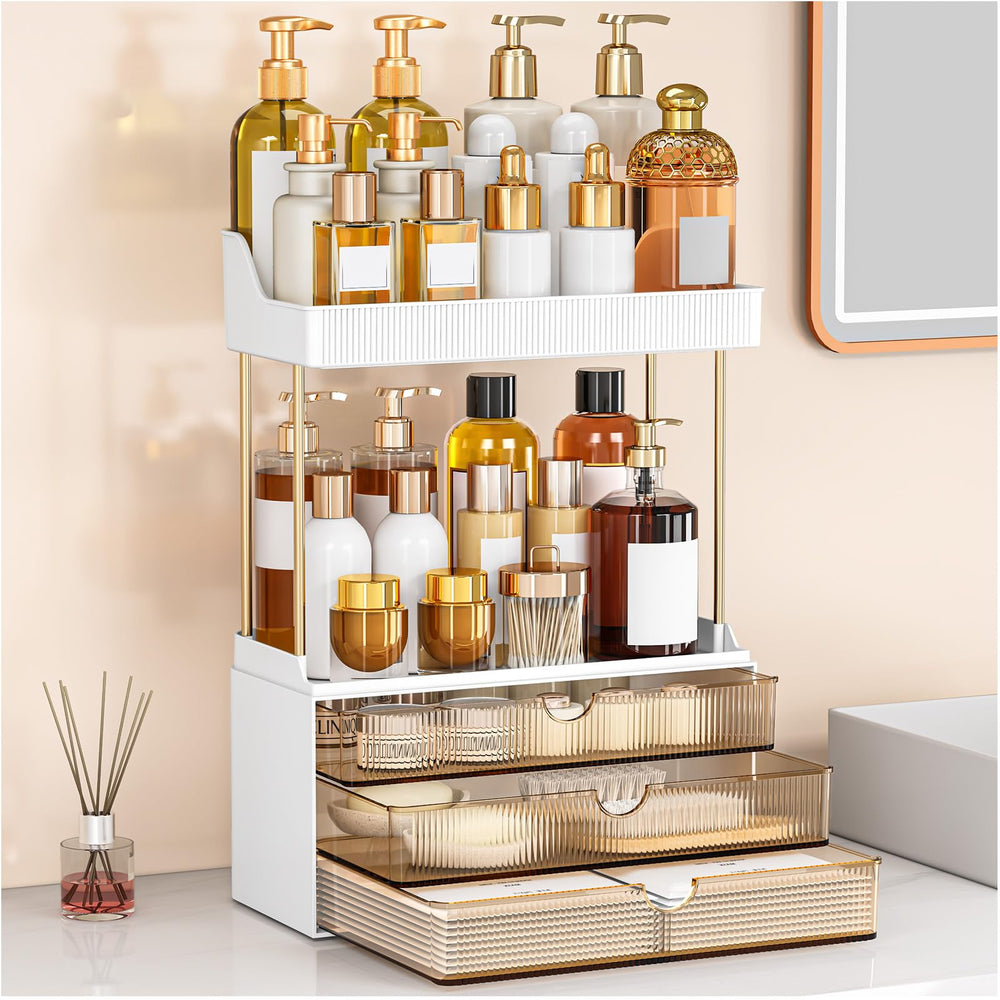 caktraie amber 3-drawers organizer stores cosmetics and skincare neatly on a vanity