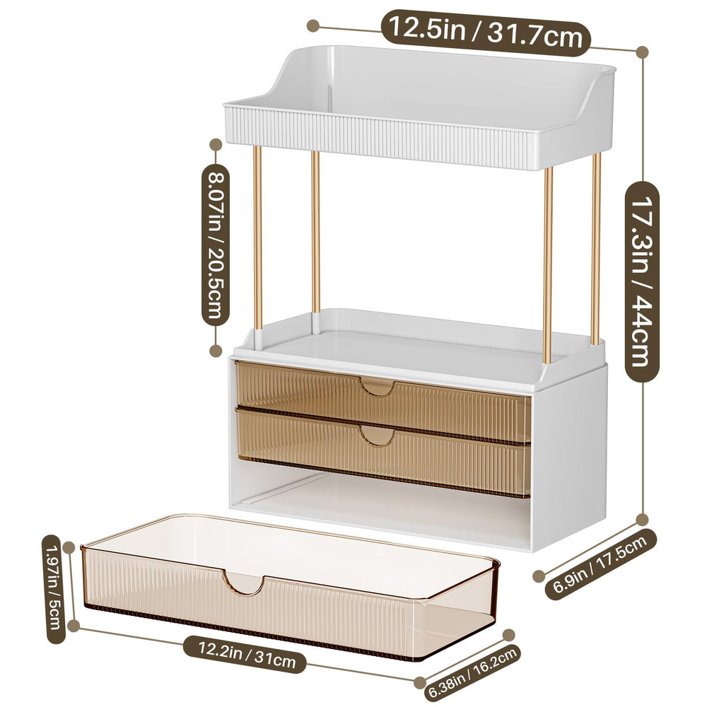 caktraie amber open shelves provide quick-access storage for perfumes and lotions