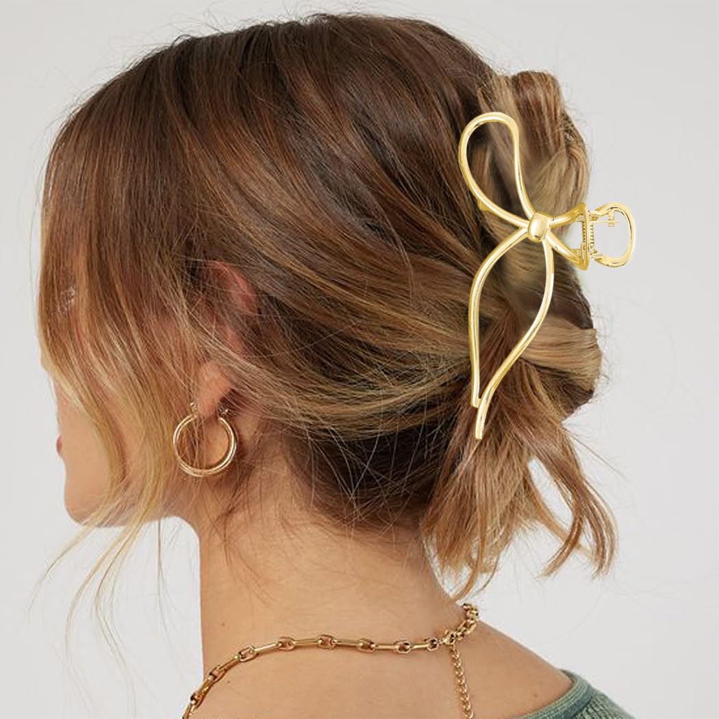 CAKURE Bow Hair Claw Clip gold on head demonstrates quick, polished updo option.