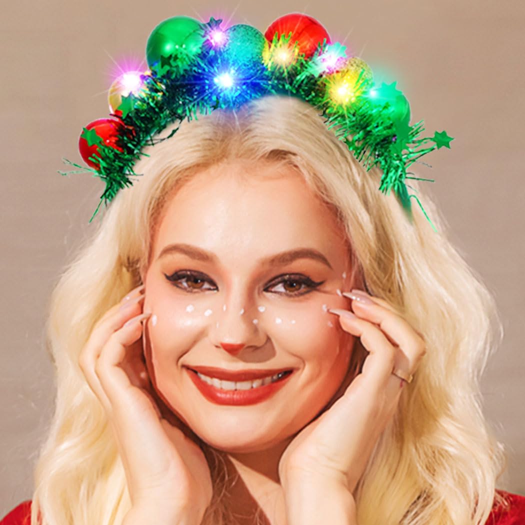 CAKURE LED Christmas headband close-up showing green glow balls for festive detail.