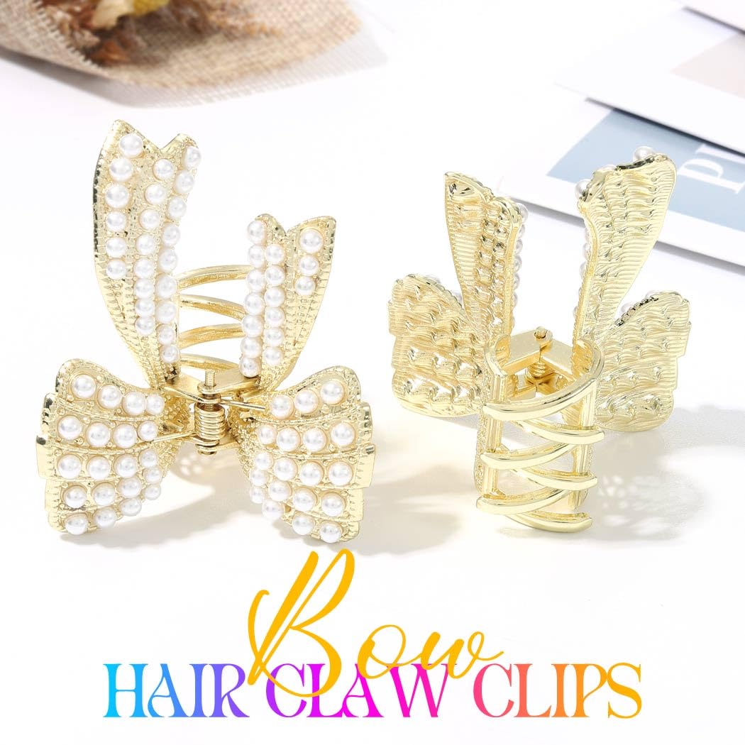 CAKURE pearl bow hair clip gold pack two for versatile styling.