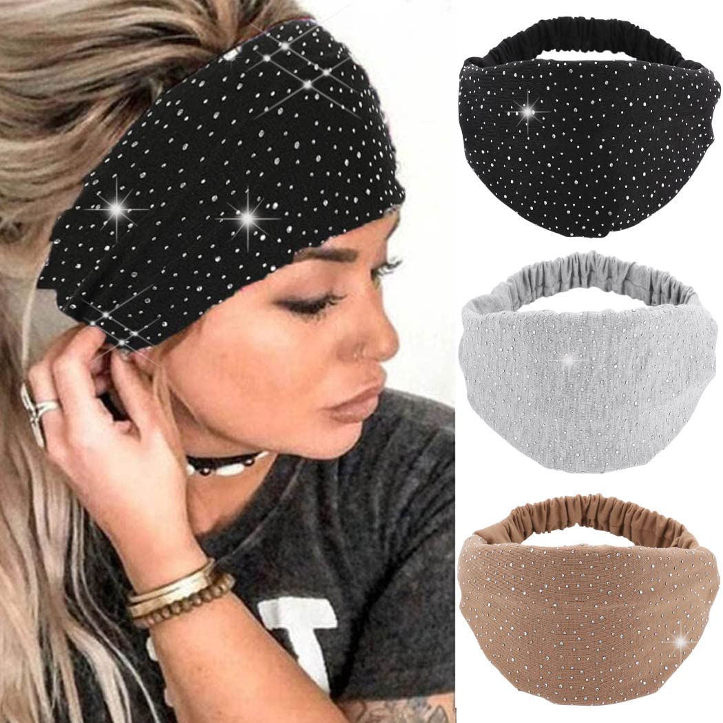 CAKURE rhinestone headband in black wide closeup shows durable stretch for daily wear.