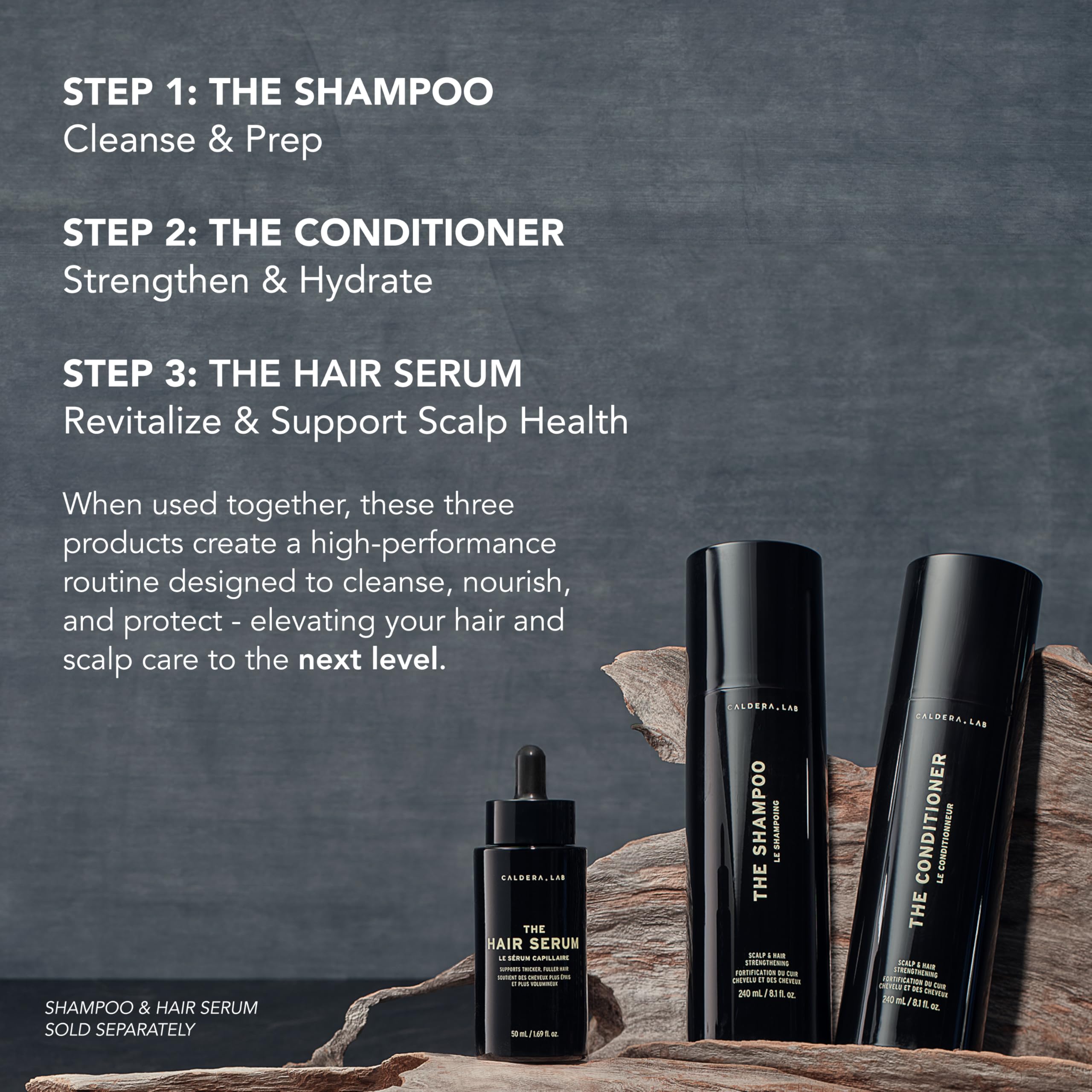 Caldera + Lab conditioner scalp care scene, promoting a well-hydrated scalp environment.