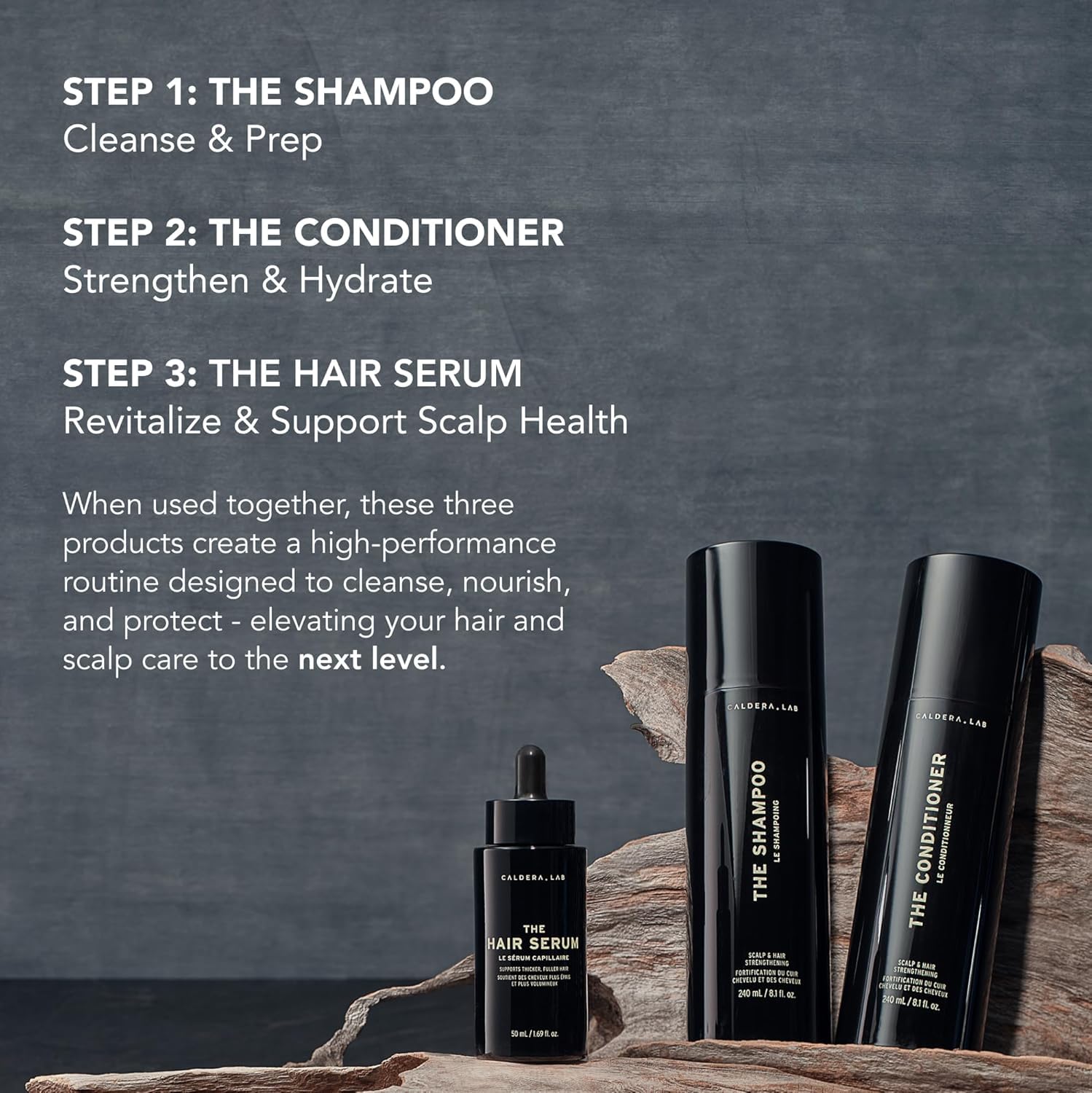 Caldera + Lab shampoo-conditioner duo arranged for daily routine.