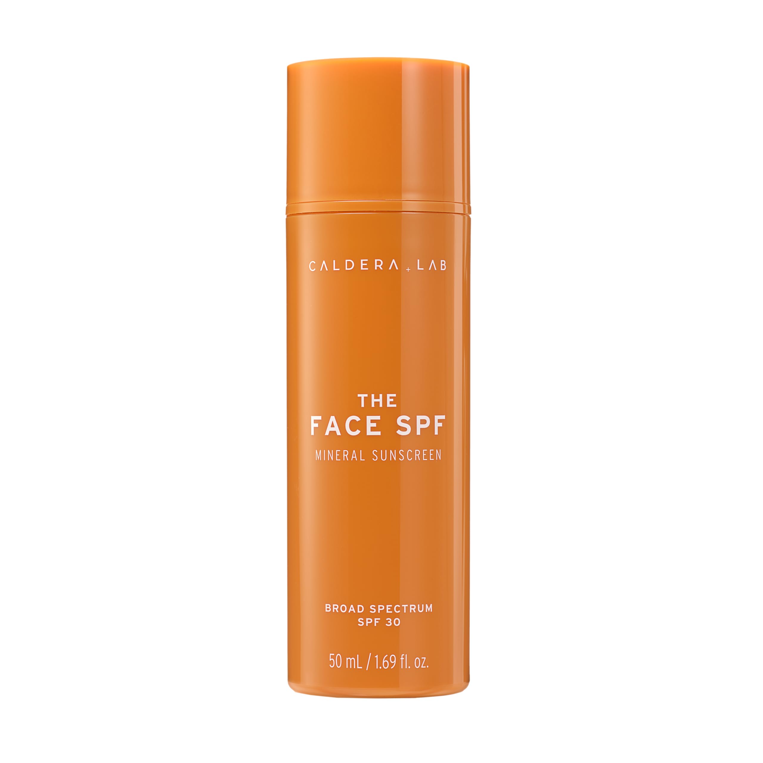 Caldera + Lab The Face SPF bottle closeup shows mineral sunscreen with no white cast