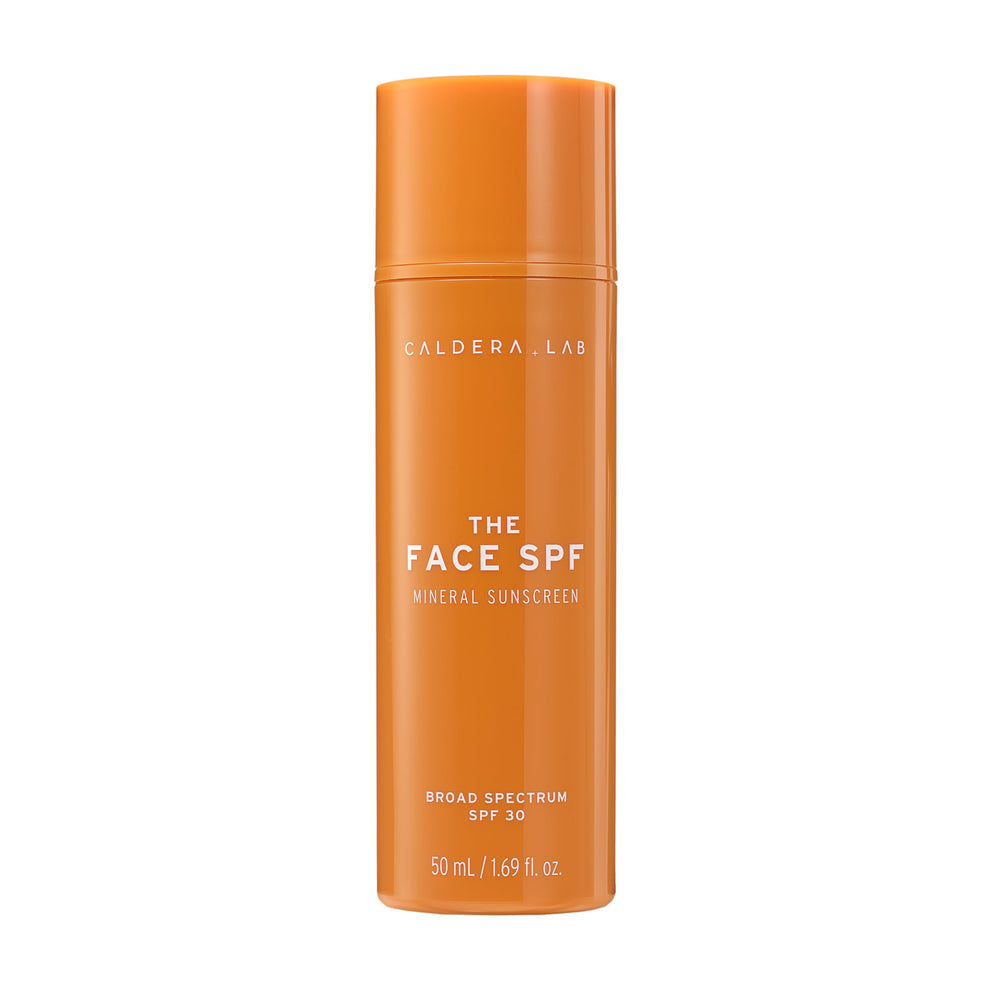 Caldera + Lab The Face SPF bottle closeup shows mineral sunscreen with no white cast