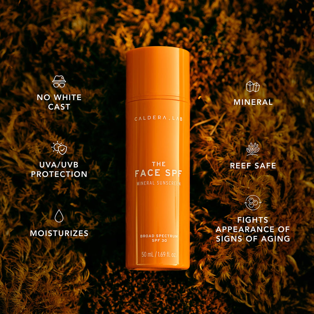 Caldera + Lab The Face SPF broad-spectrum defense image emphasizes UVA/UVB protection