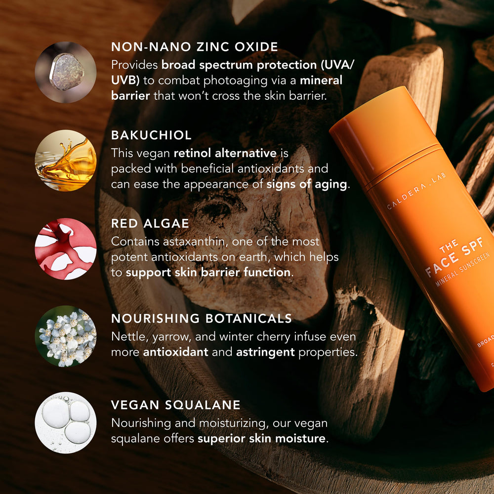 Caldera + Lab The Face SPF dispensing bottle highlights convenient daily use