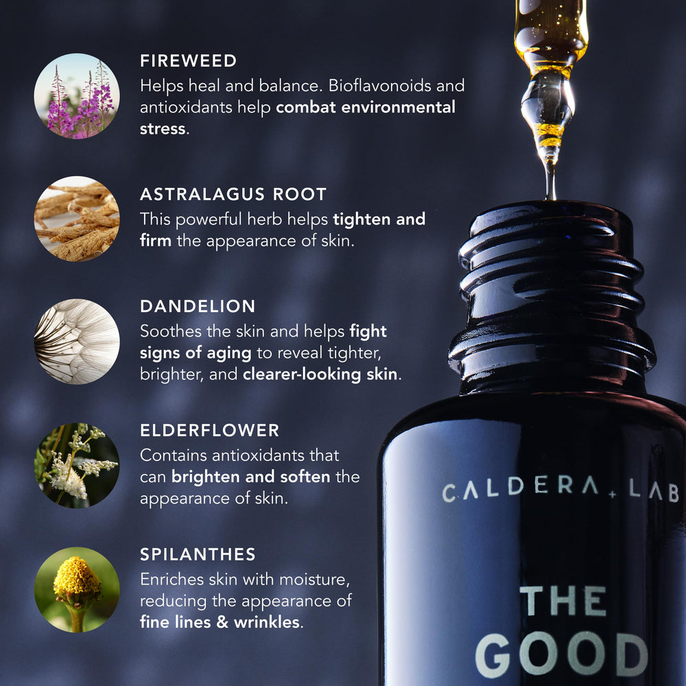 Caldera + Lab The Good Fireweed and CoQ10 close-up signals antioxidant-rich formula.
