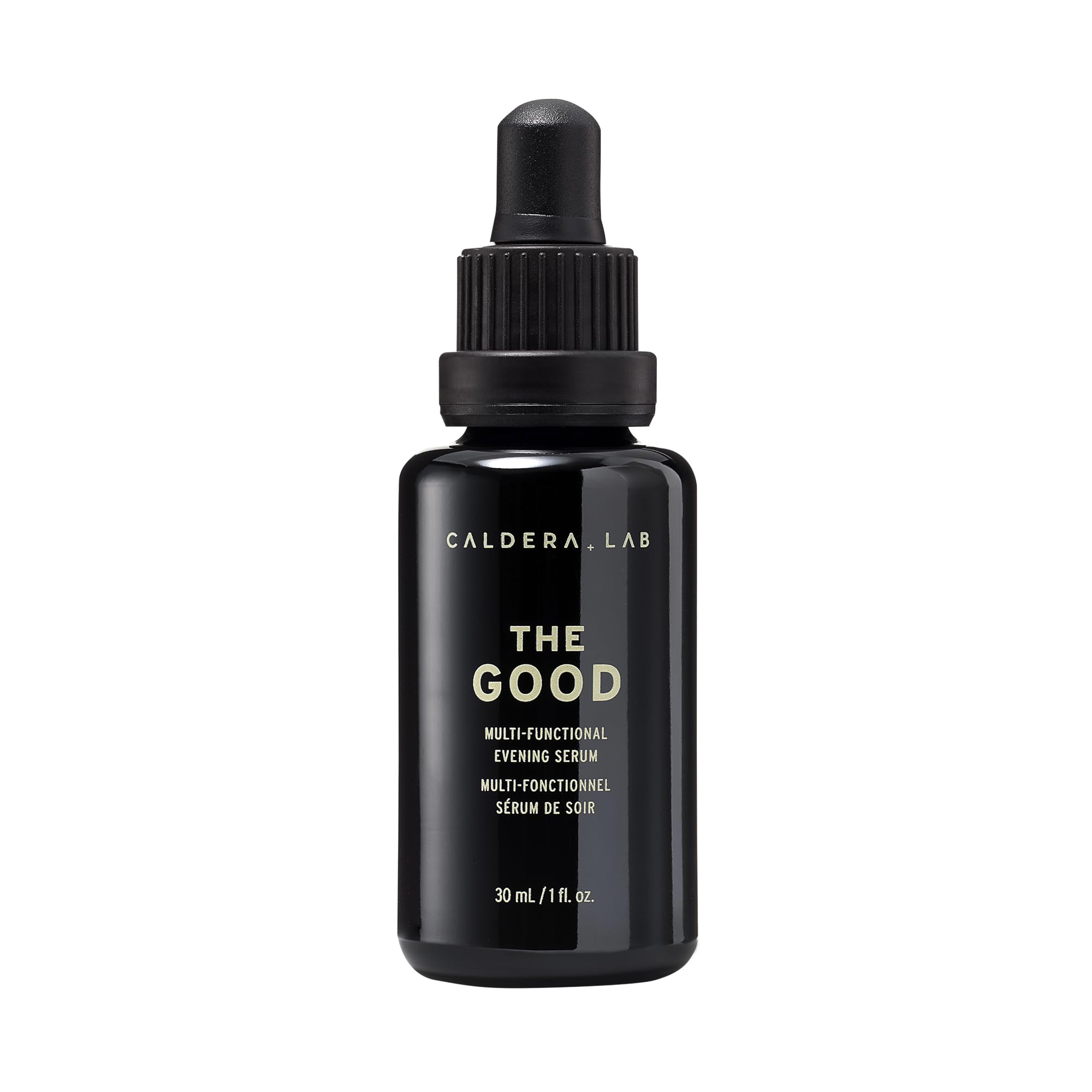 Caldera + Lab The Good serum bottle close-up demonstrates lightweight hydration and antioxidant care.