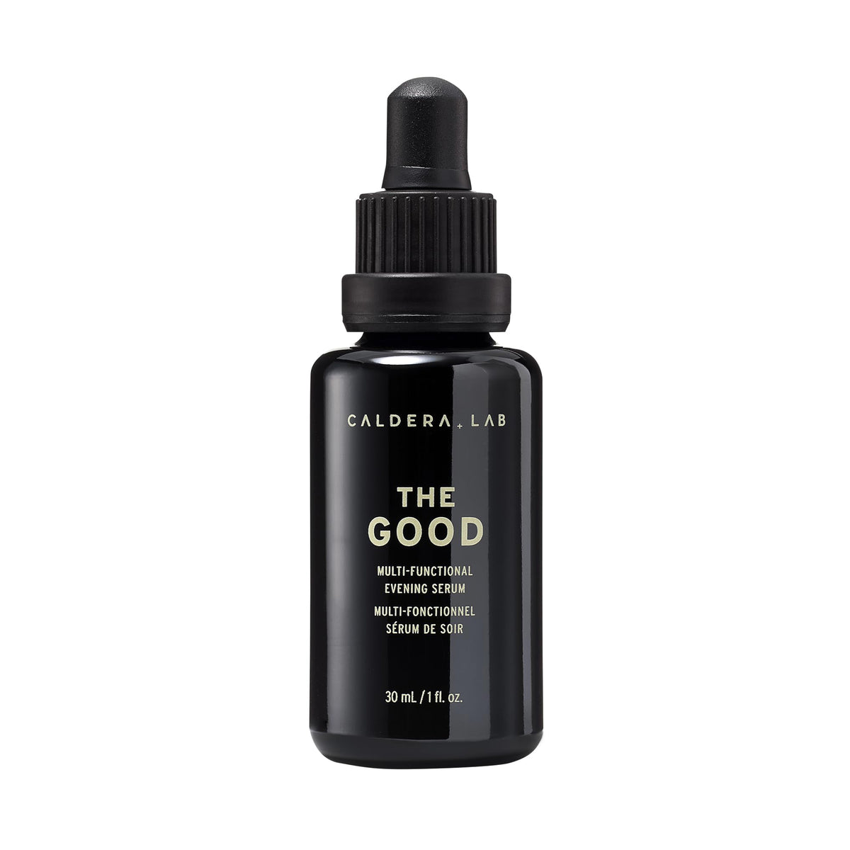 Caldera + Lab The Good serum bottle close-up demonstrates lightweight hydration and antioxidant care.