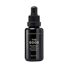 Caldera + Lab The Good serum bottle close-up demonstrates lightweight hydration and antioxidant care.
