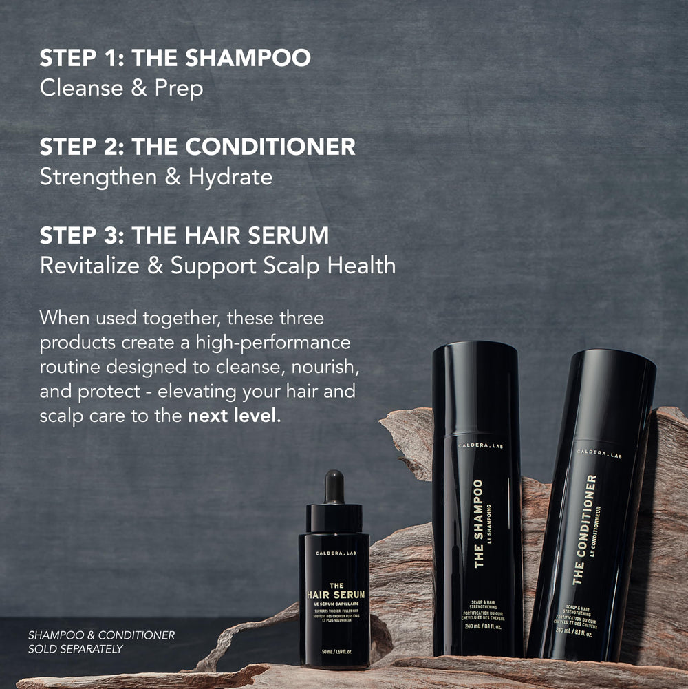 Caldera + Lab The Hair Serum before-after shot illustrating fuller-looking hair.